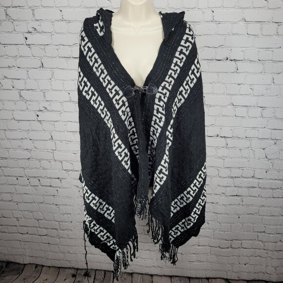 Free People Black White Hooded Toggle Boho Fringe Cape Sweater One Size O/S - Picture 1 of 13